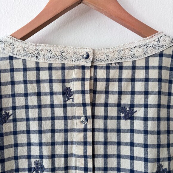 Sezane Thalyna Blouse Blue Floral Embroidery on Vichy Fabric - Picture 9 of 10